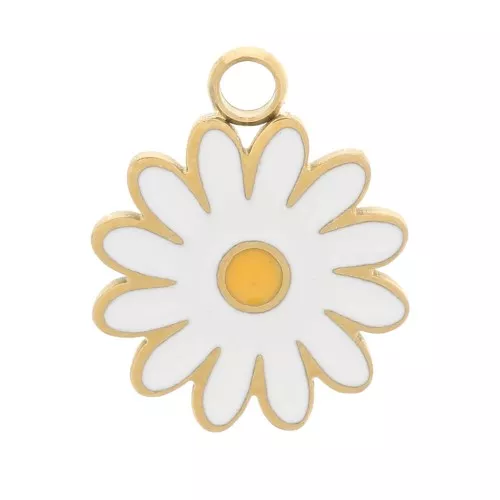 Breloque marguerite 9.5mm avec résine époxy - Acier inoxydable 304 Doré -Blanc x1
