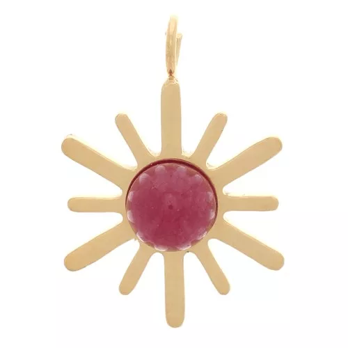 Breloque soleil 15x10 mm & pierre gemme - Acier inox 304 Doré - Agate rouge