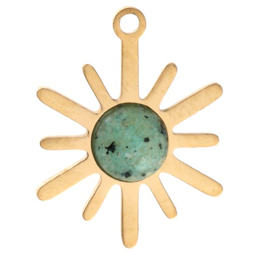 Breloque soleil 13.5x10.5mm - Acier inox 316L Doré - Turquoise Africaine - Jaspe