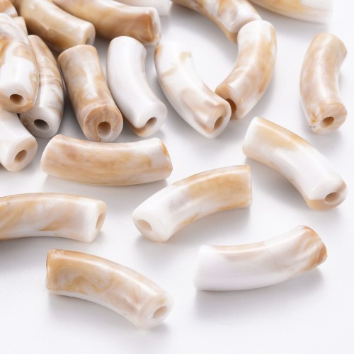 Perles tube incurvé en acrylique opaque 35x11 mm - Marbré Blanc - Marron x6