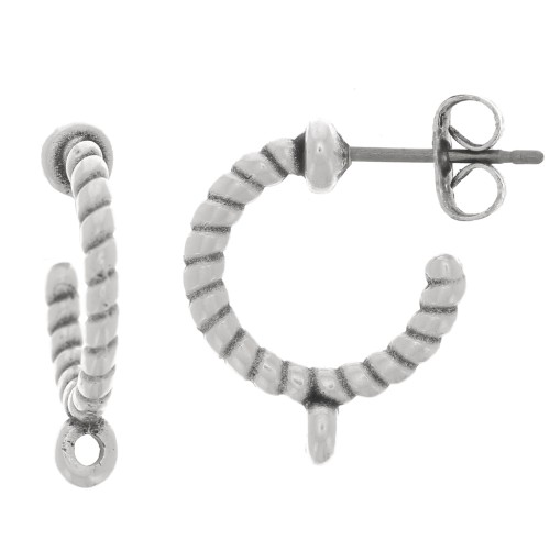 Créoles ouvertes corde torsadée avec anneau 14 mm - Placage Argent fin vieilli x2