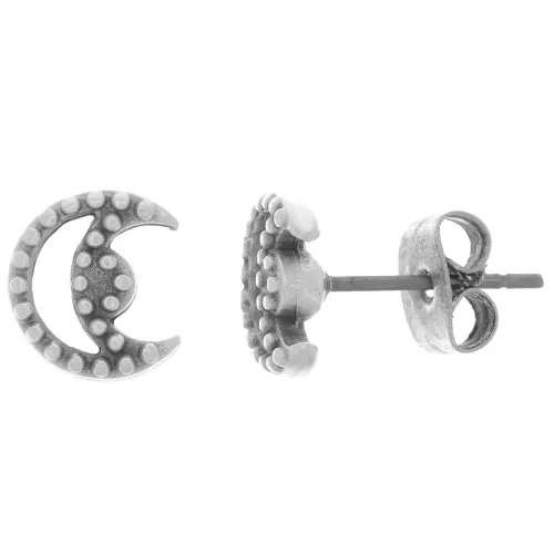 Clous d'oreilles lune évidée - petites boules 9x8 mm - Placage Argent fin vieilli