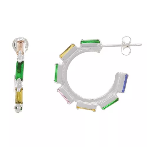 Créoles ouvertes multicolores 20 mm rectangle en verre - Placage Argent fin x2