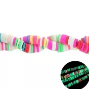Perles Heishi rondelles  en pâte polymère 6x1mm - Multi Fluo phosphorescent x39cm