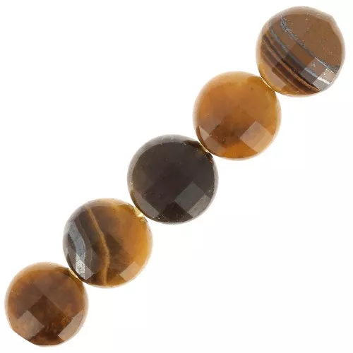 Perles plates facettées - palets 4 mm en pierre gemme - Oeil de tigre x10