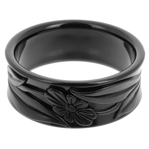 Bracelet jonc épais en résine opaque 65.5 mm - motif fleurs - Noir x1