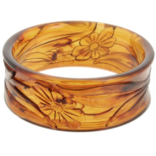Bracelet jonc épais en résine opaque 65.5 mm - motif fleurs - Ambre marbré x1
