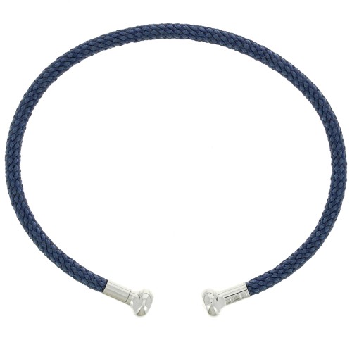 Bracelet jonc cordon torsadé avec embout dévissable - Bleu foncé - Rhodié