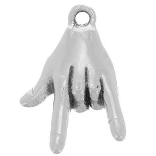 Breloque main - signe Je t'aime - 14x9 mm - Placage argent fin vieilli x1