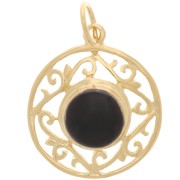 Pendentif rond ajouré arabesques 19mm & pierre gemme - Doré à l'or fin - Onyx noir|raw }}