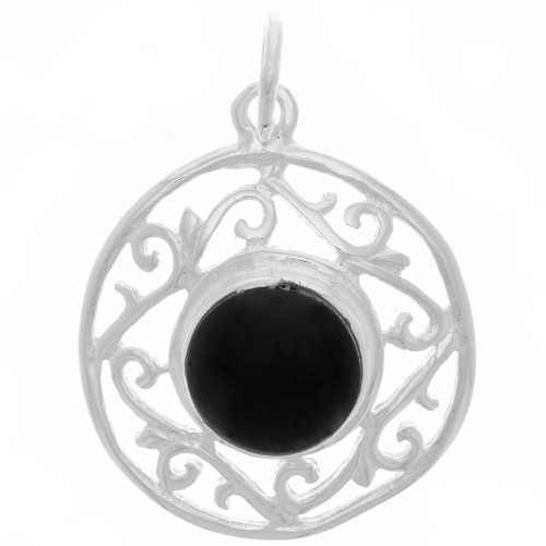 Pendentif rond ajouré 19mm & pierre gemme - Placage Argent fin - Onyx noir