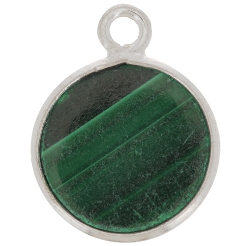 Breloque ronde 11 mm - pierre gemme - Argent 925 - Malachite x1