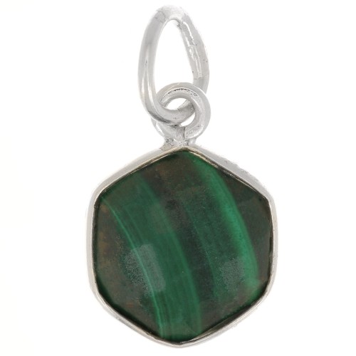 Pendentif hexagone facetté 15x11 mm - pierre gemme - Argent 925 - Malachite x1