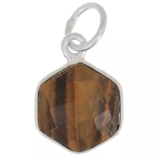 Pendentif hexagone facetté 15x11 mm - pierre gemme - Argent 925 - Oeil de tigre x1
