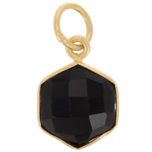 Pendentif hexagone facetté 15x11 mm - Argent 925 Doré à l'or fin - Onyx noir x1