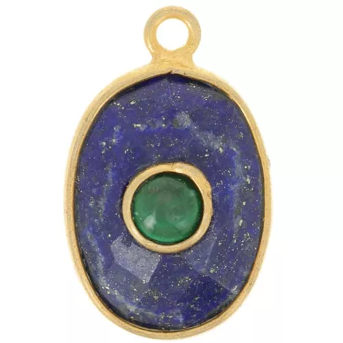 Pendentif ovale facetté 18.5x11.5 mm - Doré à l'or fin - Lapis lazuli - Malachite