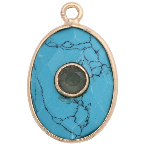 Pendentif ovale facetté 20.5x13mm Doré Or fin - imitation Turquoise - Aventurine
