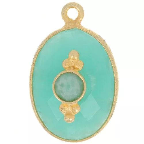 Pendentif ovale facetté 20x13 mm avec serti - Doré à l'or fin - Amazonite x1
