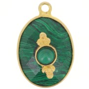 Pendentif ovale facetté 20x13mm avec serti - Doré à l'or fin - Imitation Malachite