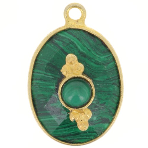 Pendentif ovale facetté 20x13mm avec serti - Doré à l'or fin - Imitation Malachite