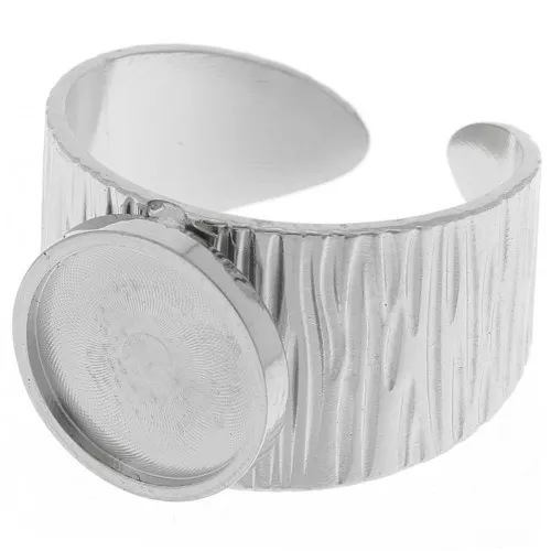 Bague large striée réglable pour cabochon fond plat 10 mm - Acier inoxydable 304 x1