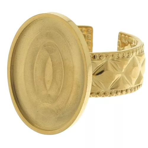 Bague texturée réglable - cabochon fond plat 18x13 mm - Acier inoxydable 304 Doré
