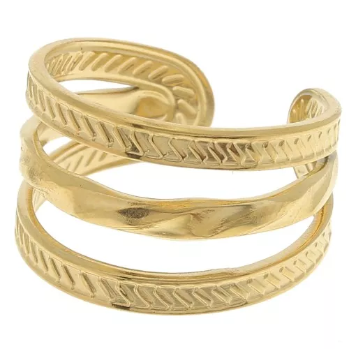 Bague large striée 3 rangs -réglable - Acier inoxydable 304 Doré x1