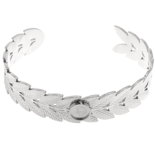 Bracelet jonc feuille de laurier réglable 15x160 mm pour cabochon 8 mm - Acier inox 304 x1