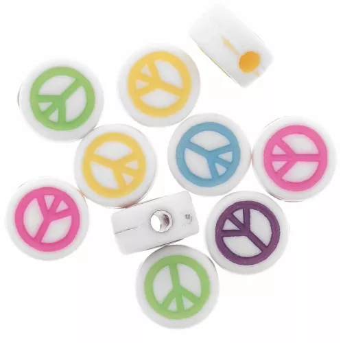 Assortiment de 10 perles plates rondes 7 mm - peace and love - Blanc - Multicolore