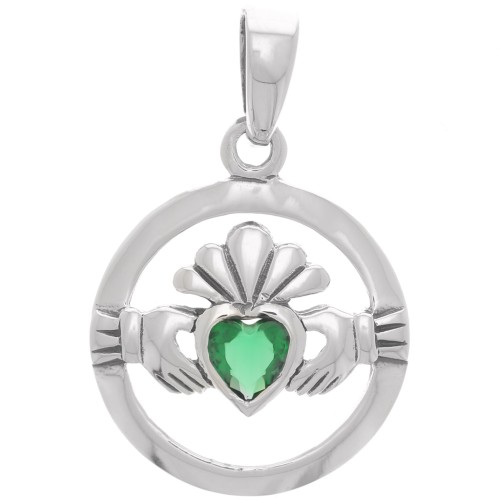 Pendentif rond évidé motif Claddagh avec verre 15 mm - Argent 925 - Emeraude x1
