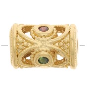 Perle tube évidé travaillé avec oxydes de Zirconium 11x8 mm - Doré - Vert - Orange