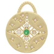 Pendentif rond avec oxydes de Zirconium 18.5 mm - motif étoile - Doré - Vert - Crystal x1