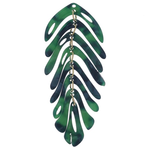 Pendentif feuille 71x28 mm - Ecaille tortue - Vert foncé - Noir x1