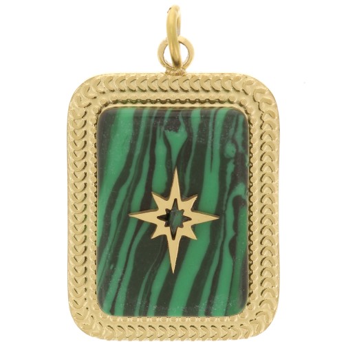 Pendentif rectangle 20x14 mm imitation gemme - Acier inox 316L Doré - Malachite x1