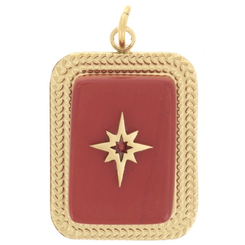 Pendentif rectangle 20x14 mm pierre gemme - Acier inox 304 Doré - Jaspe rouge x1