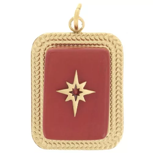 Pendentif rectangle 20x14 mm pierre gemme - Acier inox 304 Doré - Jaspe rouge x1