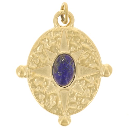 Pendentif ovale 22x18 mm imitation gemme - Acier inox 316L Doré - Lapis lazuli x1