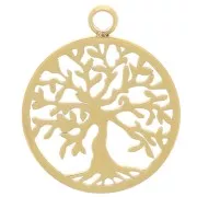 Pendentif rond 15 mm - motif arbre de vie - Acier inoxydable 316L Doré x1