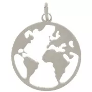 Pendentif rond 14 mm - motif carte du monde  - Acier inoxydable 304  x1