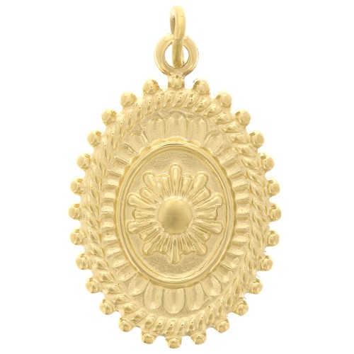 Pendentif ovale texturé 20x13 mm - motif fleur - Acier inoxydable 316L Doré x1