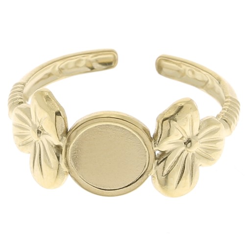 Bague réglable motif fleurs pour cabochon 6 mm T.53 à T.59 - Acier inox 316L Doré