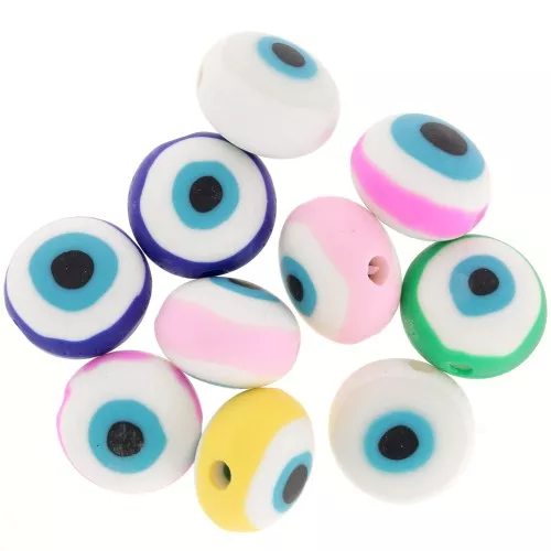 Assortiment perles rondes oeil porte bonheur - pâte polymère 12mm Multicolore x10