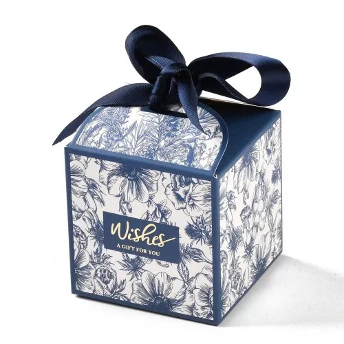 Boite à monter soi-même avec ruban pour bijoux 7x7 cm - motif fleurs - Bleu foncé