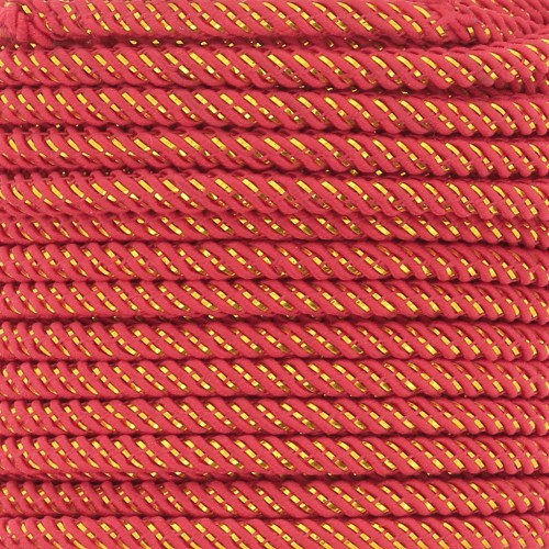 Cordon en polyester tressé et fil métallisé 3 mm - Rouge - Doré x1m