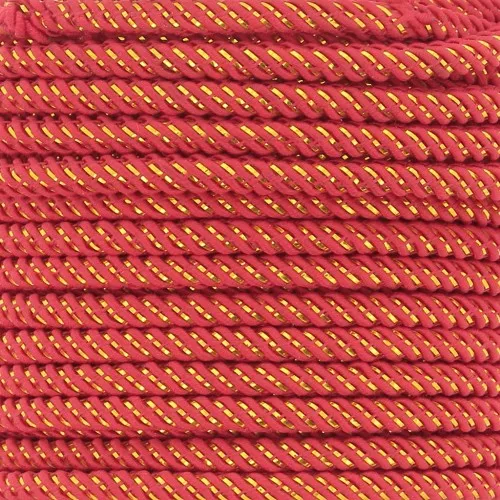 Cordon en polyester tressé et fil métallisé 3 mm - Rouge - Doré x1m
