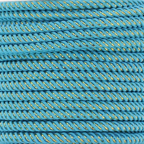 Cordon en polyester tressé et fil métallisé 3 mm - Turquoise - Doré x1m