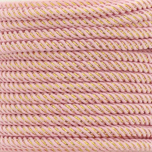 Cordon en polyester tressé et fil métallisé 3 mm - Rose clair - Doré x1m