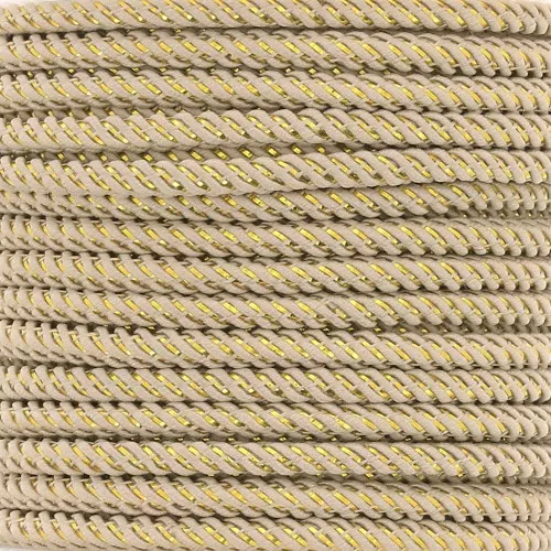 Cordon en polyester tressé et fil métallisé 3 mm - Beige - Doré x1m