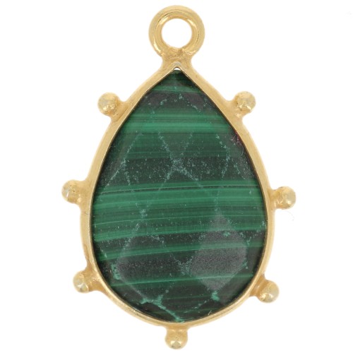 Pendentif goutte facetté & petites boules 19x13mm Arg 925 Doré Or fin - Malachite