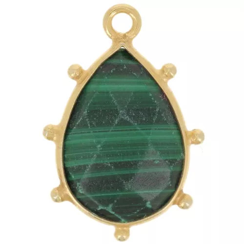 Pendentif goutte facetté & petites boules 19x13mm Arg 925 Doré Or fin - Malachite